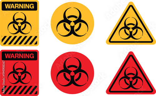 A collection of biohazard symbols with different colors and shapes