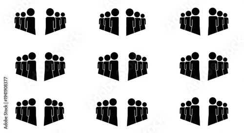 Multiple Groups of People Standing Together in Silhouette.