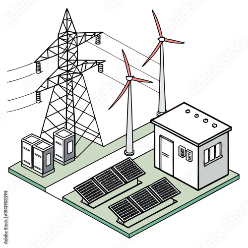 Isometric view of smart renewable energy grid with solar panels wind turbines and power lines