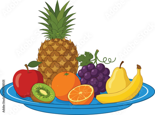 Fresh fruit platter with pineapple, grapes, banana, apple, kiwi and orange illustration for healthy nutrition and organic food concept