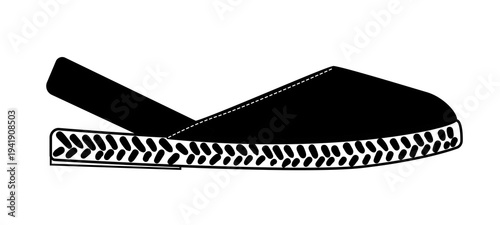 Black silhouette of abarca style espadrille sandal with slingback strap and textured sole. Vector illustration of summer footwear isolated on a white background.