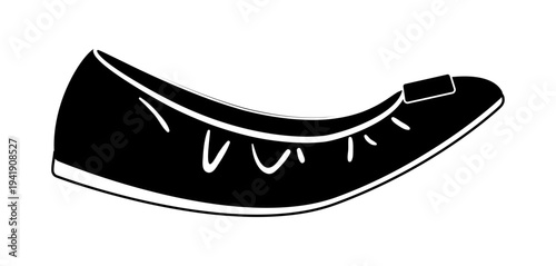 Black silhouette of ballet flat shoes with decorative bow on the toe. Vector illustration of elegant female footwear isolated on a white background.