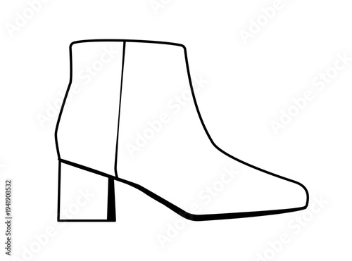 Line outline illustration of ankle boots with square toe and block heel. Modern fashion footwear vector illustration isolated on white background.