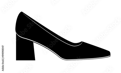 Silhouette illustration of classic women pumps with block heel and closed toe. Elegant fashion footwear vector illustration isolated on white background.