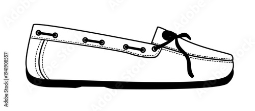 Line outline illustration of boat shoes with decorative lace and stitched upper. Vector illustration of classic nautical footwear isolated on a white background.
