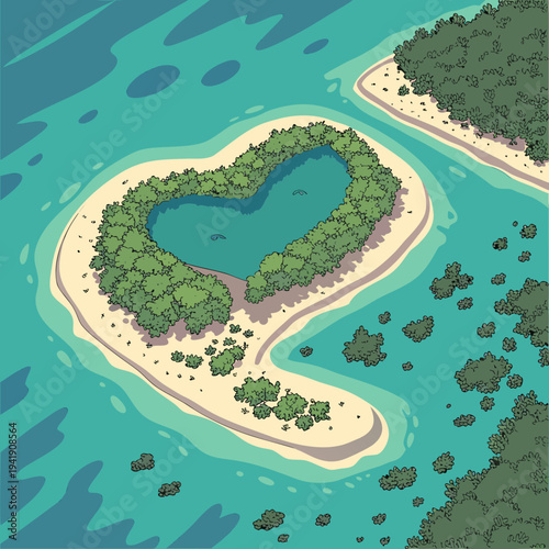 Heart-shaped tropical island with inner lagoon and turquoise ocean illustration
