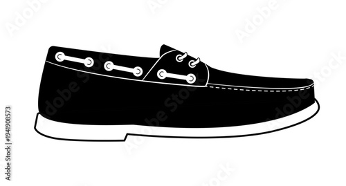 Black silhouette of mens boat shoe with lace eyelets and stitched upper. Vector illustration of casual nautical footwear isolated on white background.