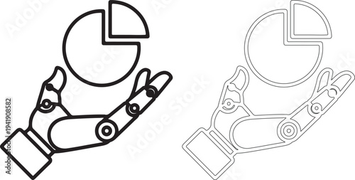 Robotic hands holding pie charts in black and white line art