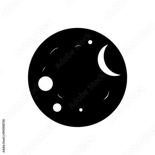 Black and white illustration of a moon with craters and a crescent phase