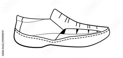 Outline illustration of casual moccasin shoe with soft flexible sole. Vector illustration of comfortable everyday footwear isolated on white background.