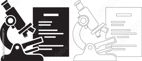 Black and white microscope icons with document illustrations