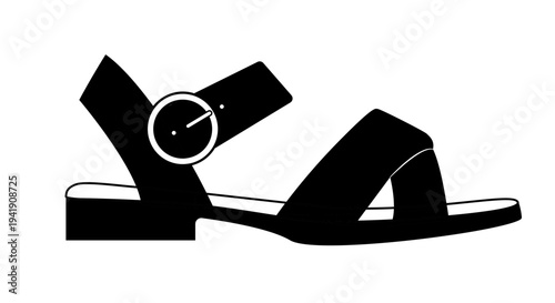 Outline vector illustration of flat sandals with wide strap and round buckle. Casual summer footwear isolated on white background.