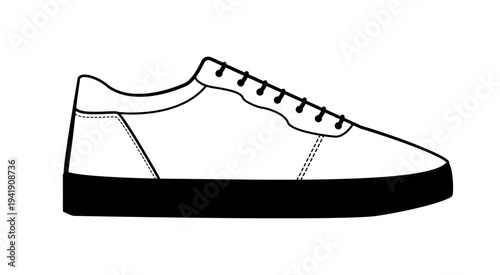 Minimal line silhouette of a casual sneaker with laces and flat sole. Vector illustration of everyday footwear isolated on white background.