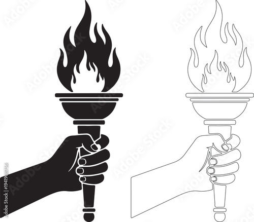 Two hands holding torches with flames in black and white illustration
