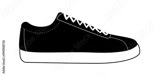 Black silhouette of a casual sneaker with laces and thick sole. Minimal vector illustration of everyday sport footwear isolated on white background.