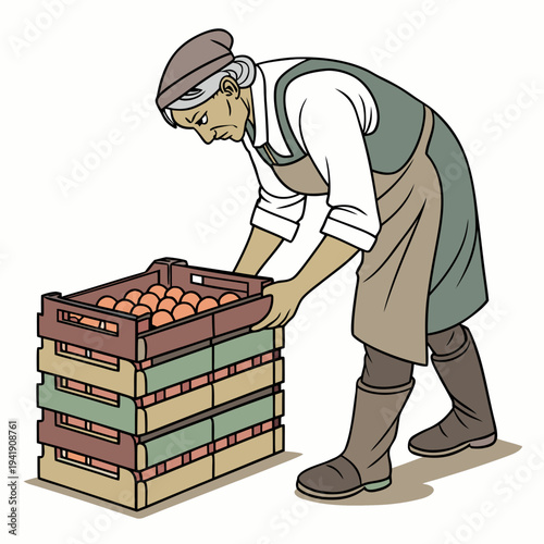Elderly man in apron stacking crates of oranges old man