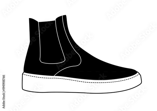 Black silhouette of classic chelsea boot with elastic side panels and thick sole. Vector illustration of stylish ankle footwear isolated on white background.