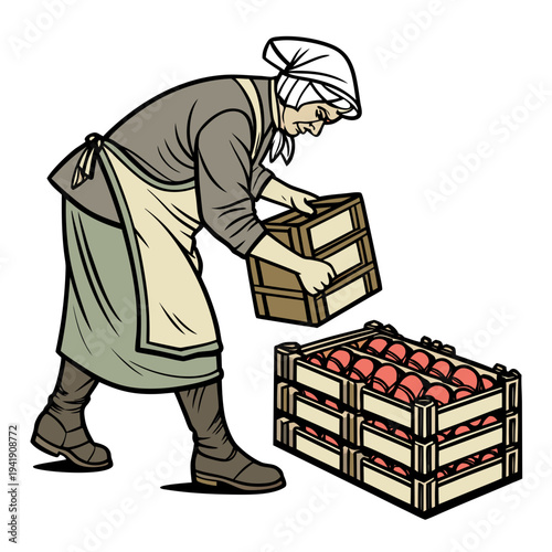 Elderly woman stacking wooden crates of apples apron