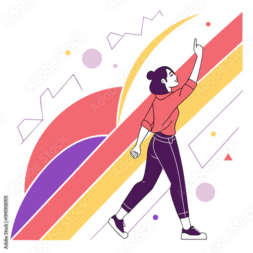 Modern flat illustration of woman pointing upwards on dynamic abstract geometric background