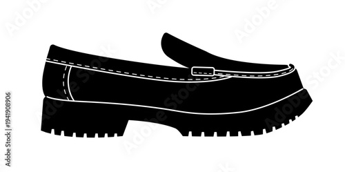 Black silhouette of chunky loafers with buckle strap and lug sole. Vector illustration of modern fashion footwear isolated on a white background.