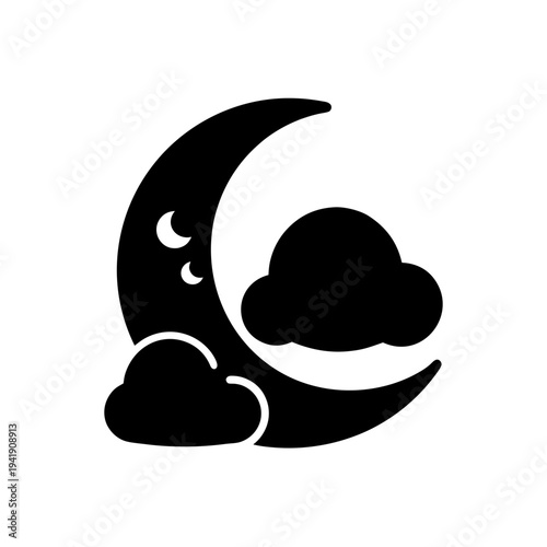 Black silhouette of crescent moon with cloud formation beside it
