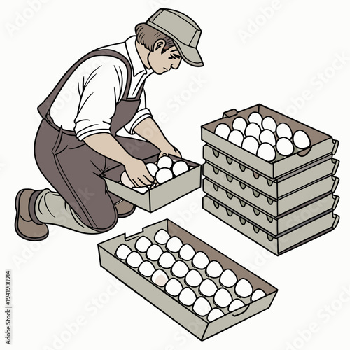 Man in overalls stacking egg boxes eggs