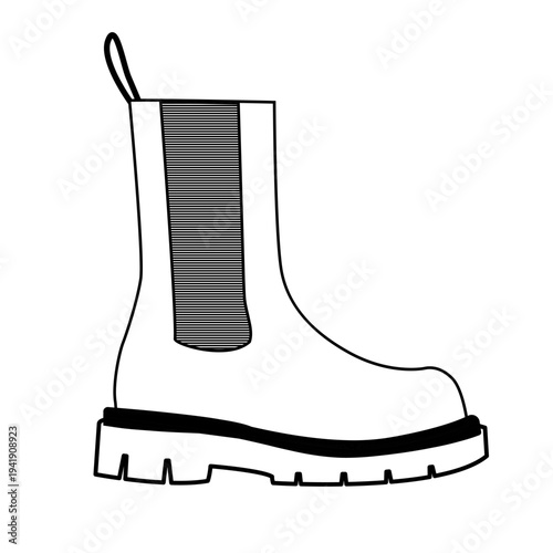 Line outline illustration of chelsea boots with elastic side panel and thick lug sole. Fashion footwear vector illustration isolated on white background.
