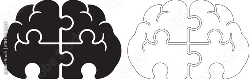 Brain shaped jigsaw puzzle pieces in black and line art