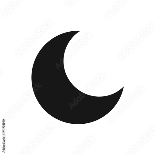 A sleek black crescent moon icon with a subtle shadowed edge