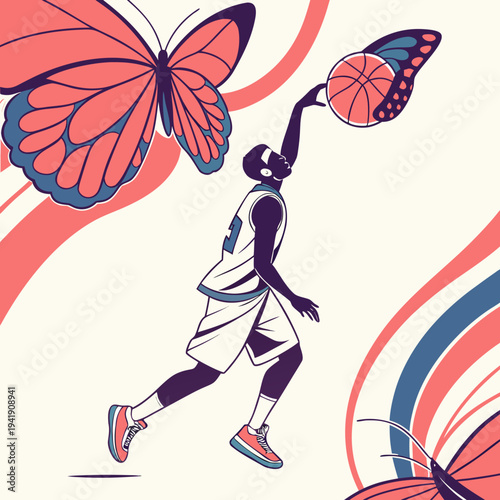 Dynamic basketball player slam dunking with vibrant butterflies illustration