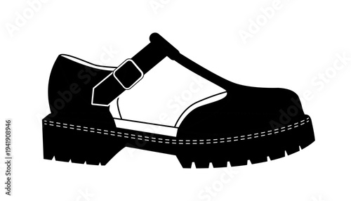 Black silhouette of chunky Mary Jane shoes with buckle strap and thick sole. Vector illustration of modern fashion footwear isolated on a white background.