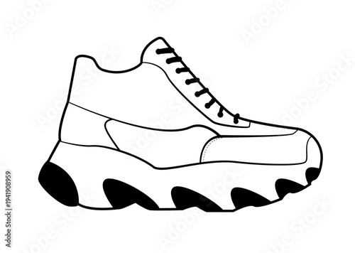 Outline vector illustration of chunky sneaker with thick sculpted sole and lace closure. Modern sport footwear isolated on white background.