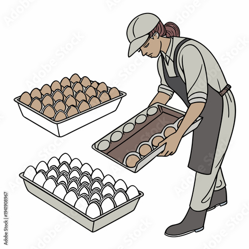 Woman in apron handling tray of eggs egg handler
