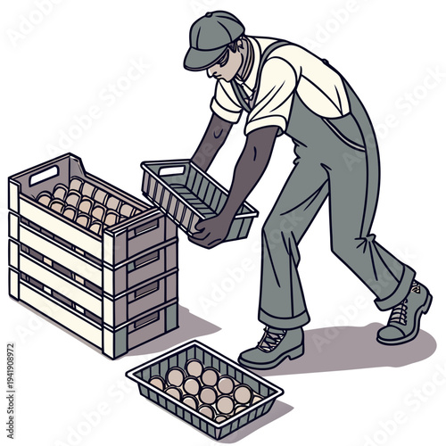 Worker placing eggs into crate baskets