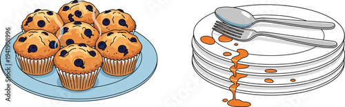 Fresh Blueberry Muffin Set on Plate Versus Stack of Dirty Empty Dishes with Used Cutlery and Food Stains for Concept Designs