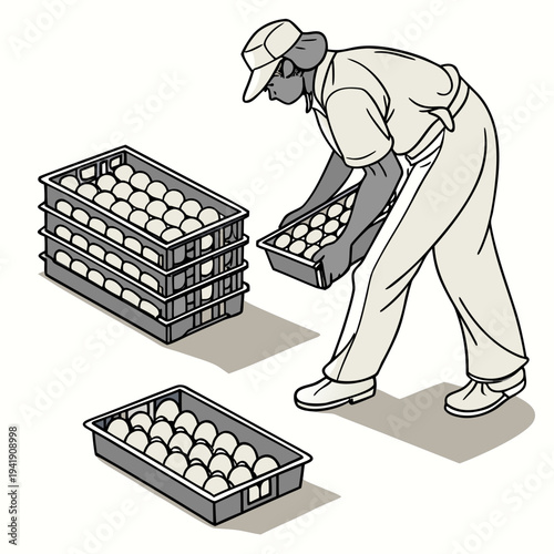 Worker placing eggs into stacked crates laborer