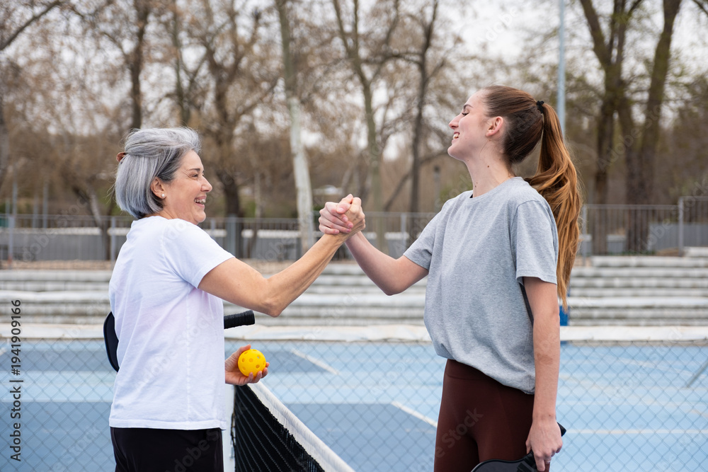 Naklejka premium Two women celebrating game victory with a handshake on an outdoor pickleball court