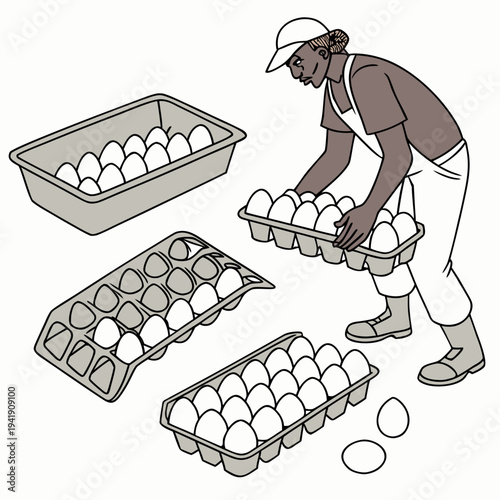 Man in white hat and apron handling egg trays person