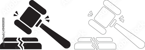 Black and white line icon of judge gavel cracking