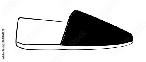 Black silhouette of espadrille mule with open heel and flat sole. Vector illustration of lightweight summer footwear isolated on white background.