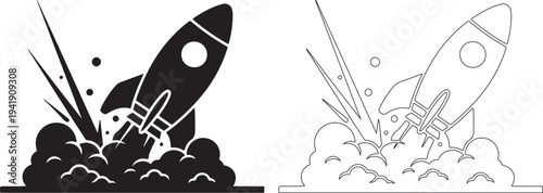 Rocket ship launching into space with smoke and flames in black and white