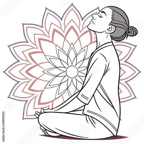Woman meditating in lotus pose with serene mandala background - spiritual wellness illustration
