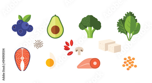 A diverse collection of ten healthy food icons, including fruits, vegetables, and proteins, is presented scattered on a clean white surface.
