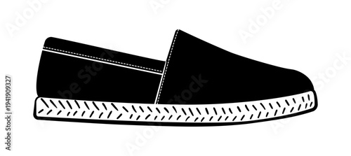 Black silhouette of casual espadrille shoe with textured sole. Vector illustration of lightweight summer footwear isolated on white background.