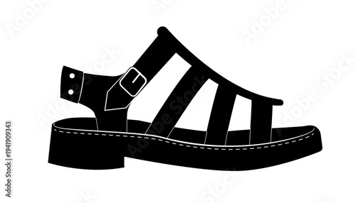 Outline vector illustration of fisherman sandals with woven straps, closed toe and buckle. Classic casual summer footwear isolated on white background.