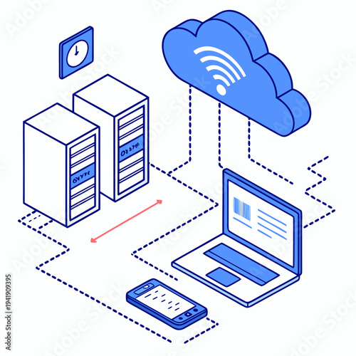 Isometric cloud data transfer network diagram with laptop, phone, and servers - it concept
