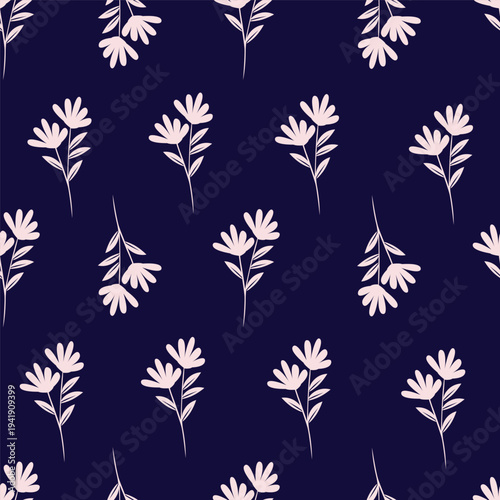 Seamless floral pattern, old fashion folk ornament with flowers branches. Cute botanical design, simple flower print: small hand drawn flowers branches arranged in a diagonal line. Vector pattern