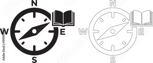 Black and white compass icons with book and navigation symbols
