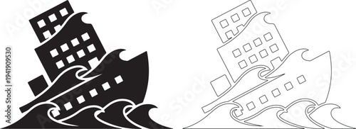 Black and white ship sailing on waves in two contrasting styles side by side