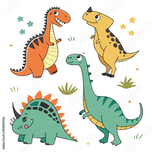 Collection of four happy cartoon dinosaurs: tyrannosaurus rex, triceratops, brontosaurus, and pterodactyl characters